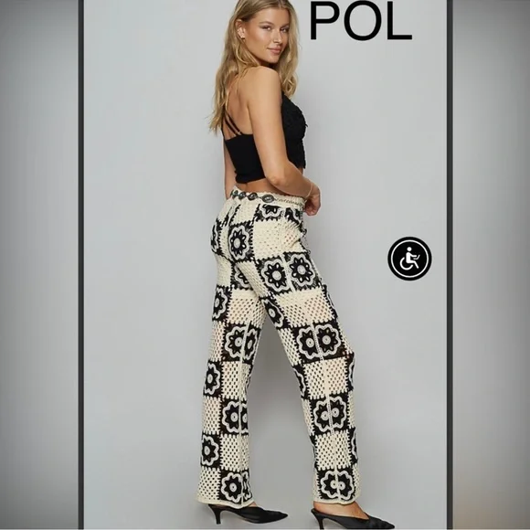 12. NWOT POL Stylish Black and Cream Crochet Pants - Picture 2 of 7